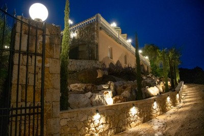 Miniature Location salle Adrets-de-l'Estérel (Var) - Domaine le Palais d’Azur #31 Cheminée moderne encastrée dans un mur blanc, avec une table basse en bois au premier plan et une porte vitrée à droite.