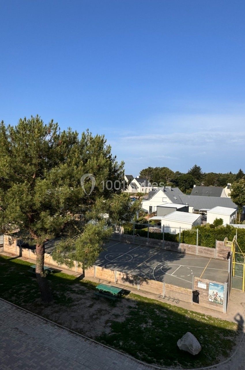 Terrain de sport extérieur avec un panier de basket, entouré d'arbres et de maisons sous un ciel dégagé.
