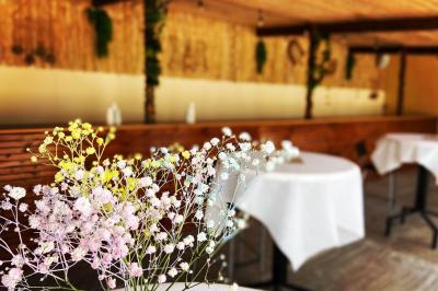Table en bois garnie de divers plats, pains, charcuteries et amuse-bouches, présentés pour un buffet en extérieur.