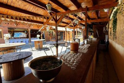 Table en bois garnie de divers plats, pains, charcuteries et amuse-bouches, présentés pour un buffet en extérieur.