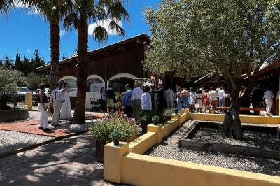 Table en bois garnie de divers plats, pains, charcuteries et amuse-bouches, présentés pour un buffet en extérieur.