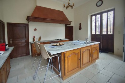 Miniature Cuisine équipée Allée bordée de jeunes arbustes menant à une porte en fer, entourée d'arbres et d'un espace herbeux.