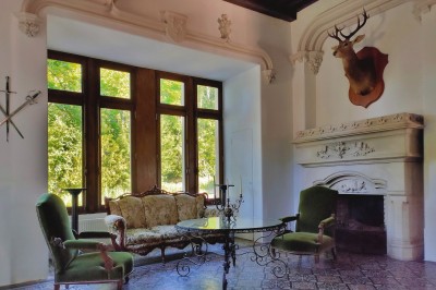 Miniature Hall Allée bordée de jeunes arbustes menant à une porte en fer, entourée d'arbres et d'un espace herbeux.