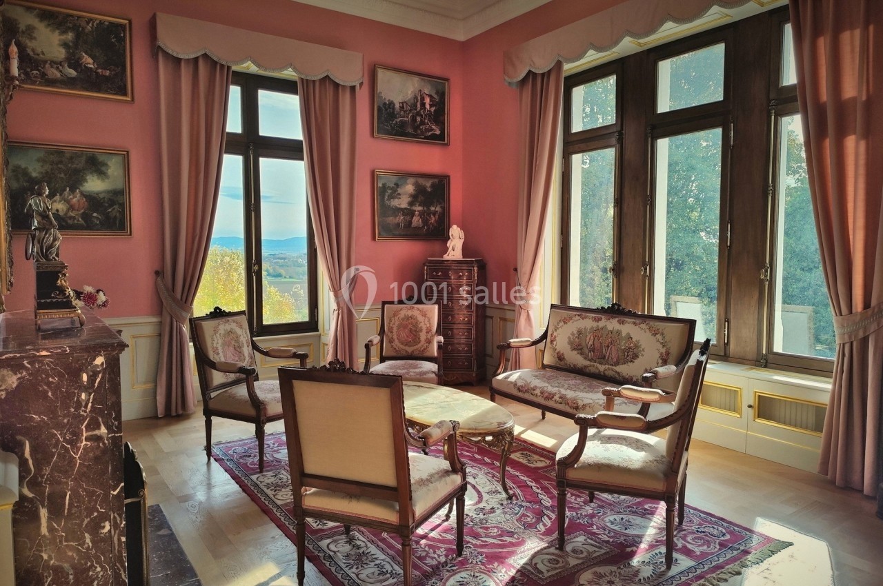 Salon élégant avec murs roses, meubles anciens, tapis décoratif et grandes fenêtres offrant une vue sur la campagne.