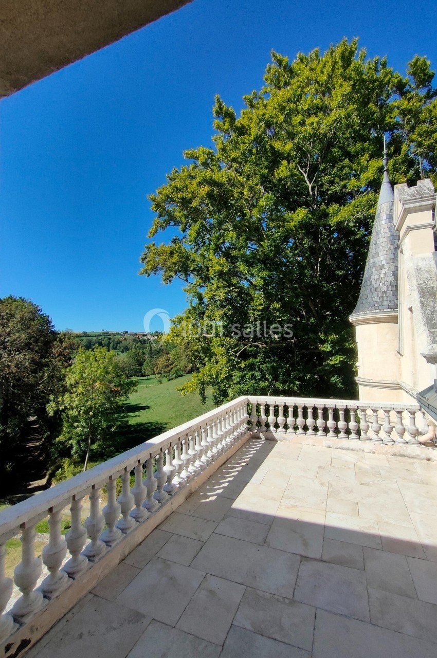 Vue depuis une terrasse en pierre avec balustrade, donnant sur un paysage verdoyant et un ciel dégagé.
