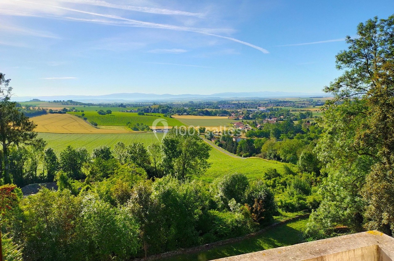 Vue panoramique sur une campagne verdoyante avec champs, arbres et un village à l'horizon sous un ciel bleu clair.