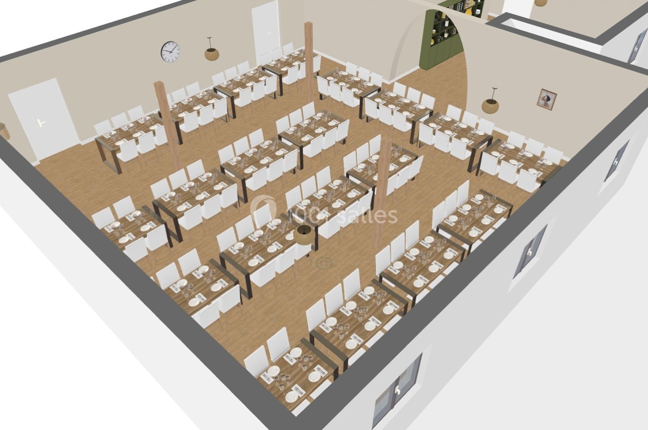 Vue en perspective d'une salle de restaurant avec des tables alignées, dressées pour le service, et une décoration sobre.