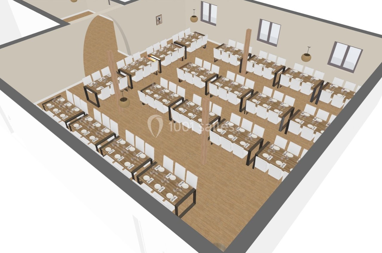 Vue en perspective d'une salle de restaurant aménagée avec des tables dressées et des chaises alignées.