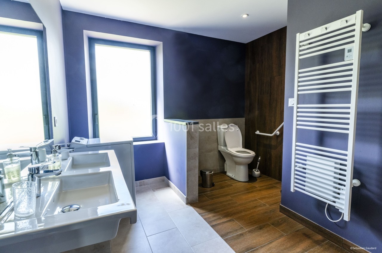 Salle de bain moderne avec double vasque, toilettes accessibles, barre d'appui et radiateur sèche-serviettes.