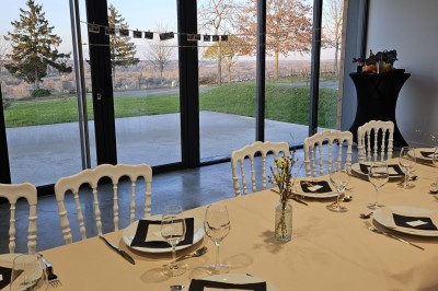 Miniature Location salle Rochefort-sur-Loire (Maine-et-Loire) - Domaine Cady #4 Salon lumineux avec murs en pierre, cheminée, canapé, table ronde avec chaises jaunes, et vue sur une cuisine ouverte.