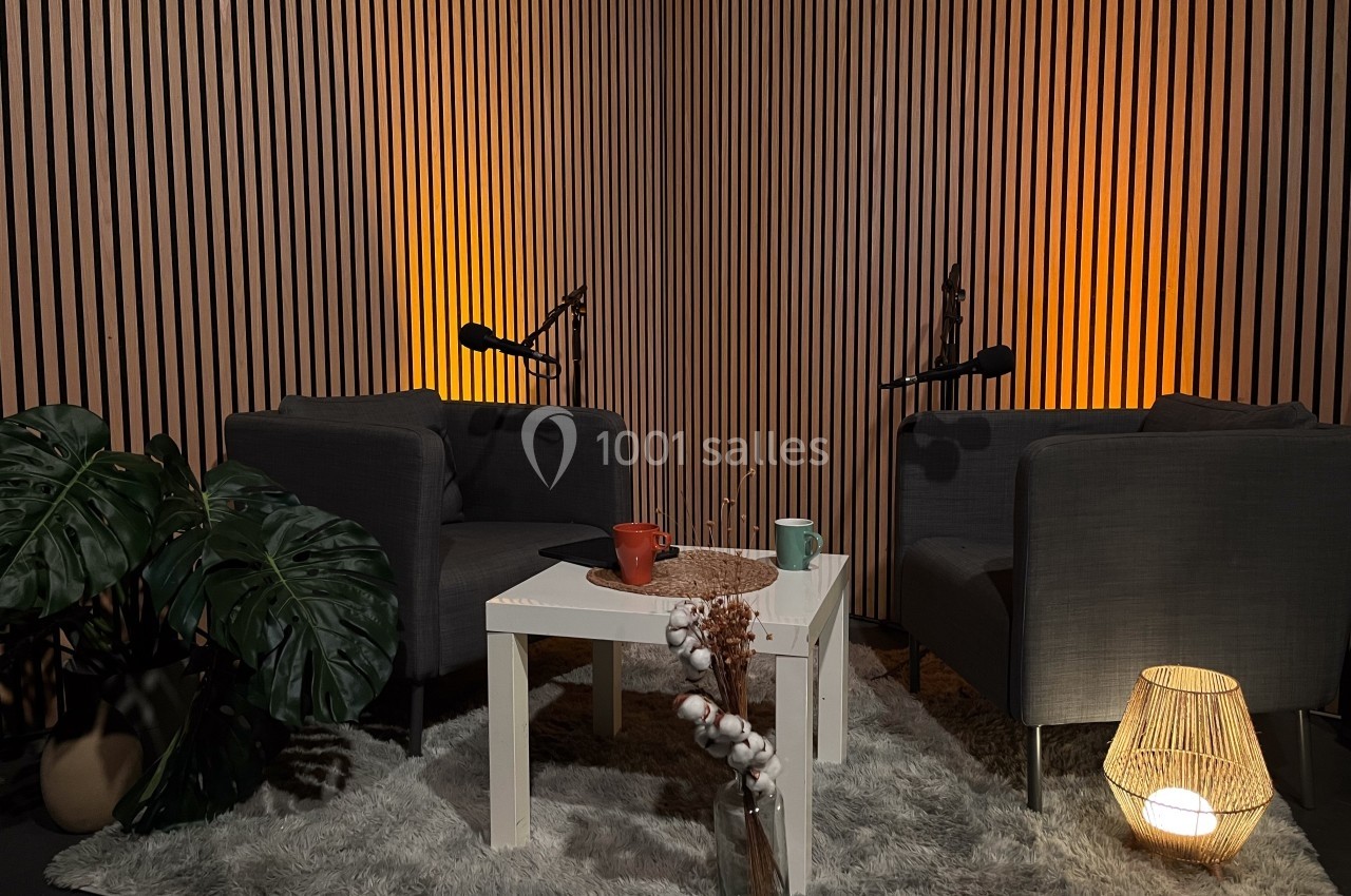 Deux fauteuils gris autour d'une table blanche avec des micros, dans un studio cosy éclairé par des lumières chaudes.