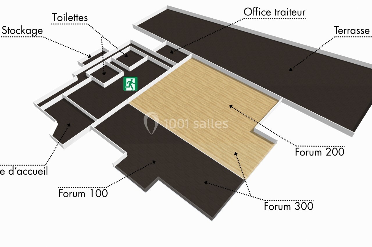 Plan en 3D d'un espace intérieur avec zones identifiées : forums, accueil, toilettes, local stockage, terrasse et office…