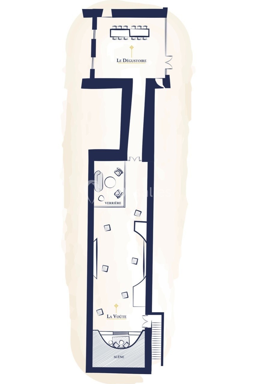 Plan d’un espace avec une salle principale nommée ’La Voûte’, une verrière et un espace ’Le Dégustoire’.