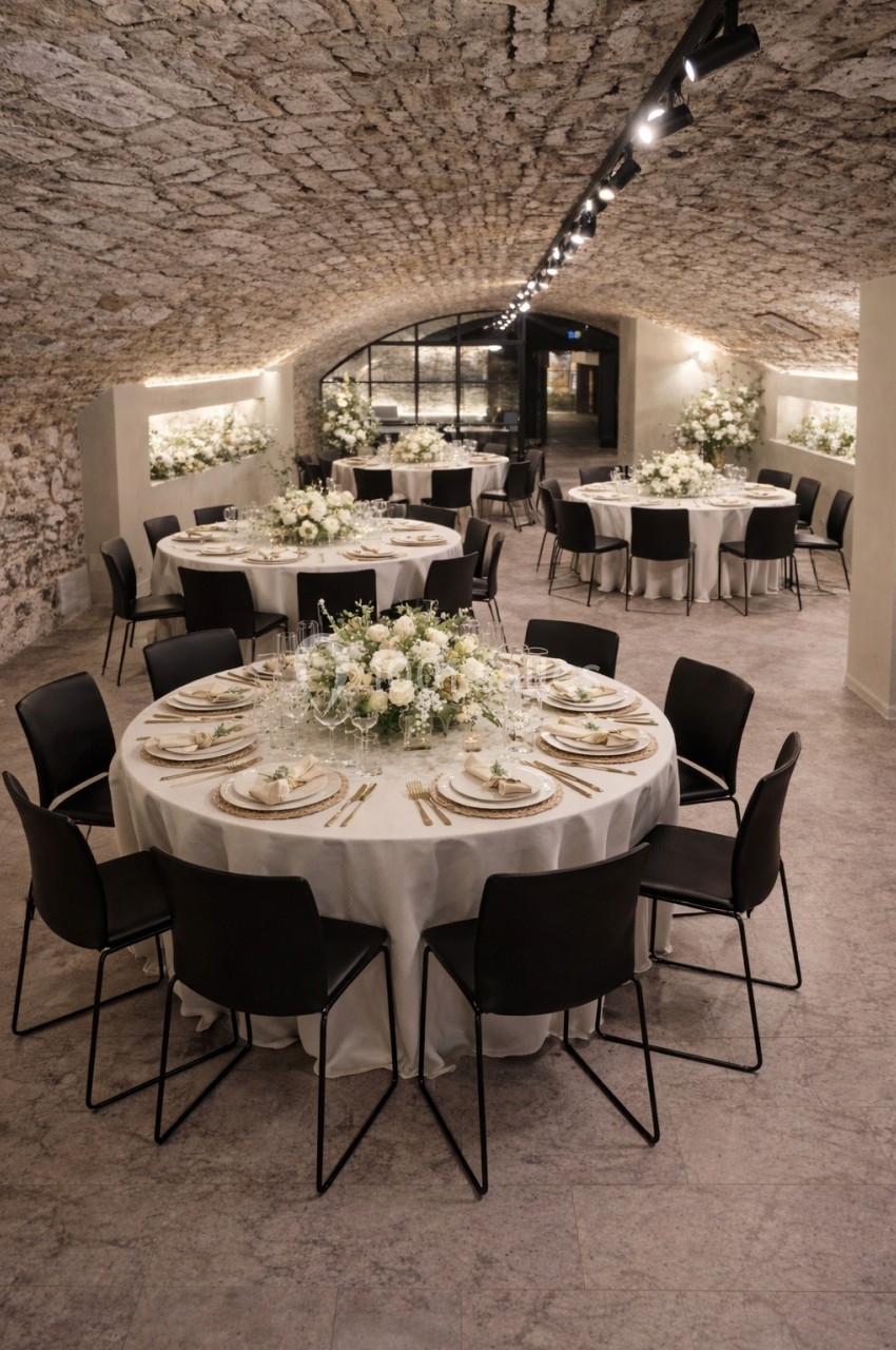 Salle voûtée avec tables rondes décorées de nappes blanches, vaisselle élégante et arrangements floraux.