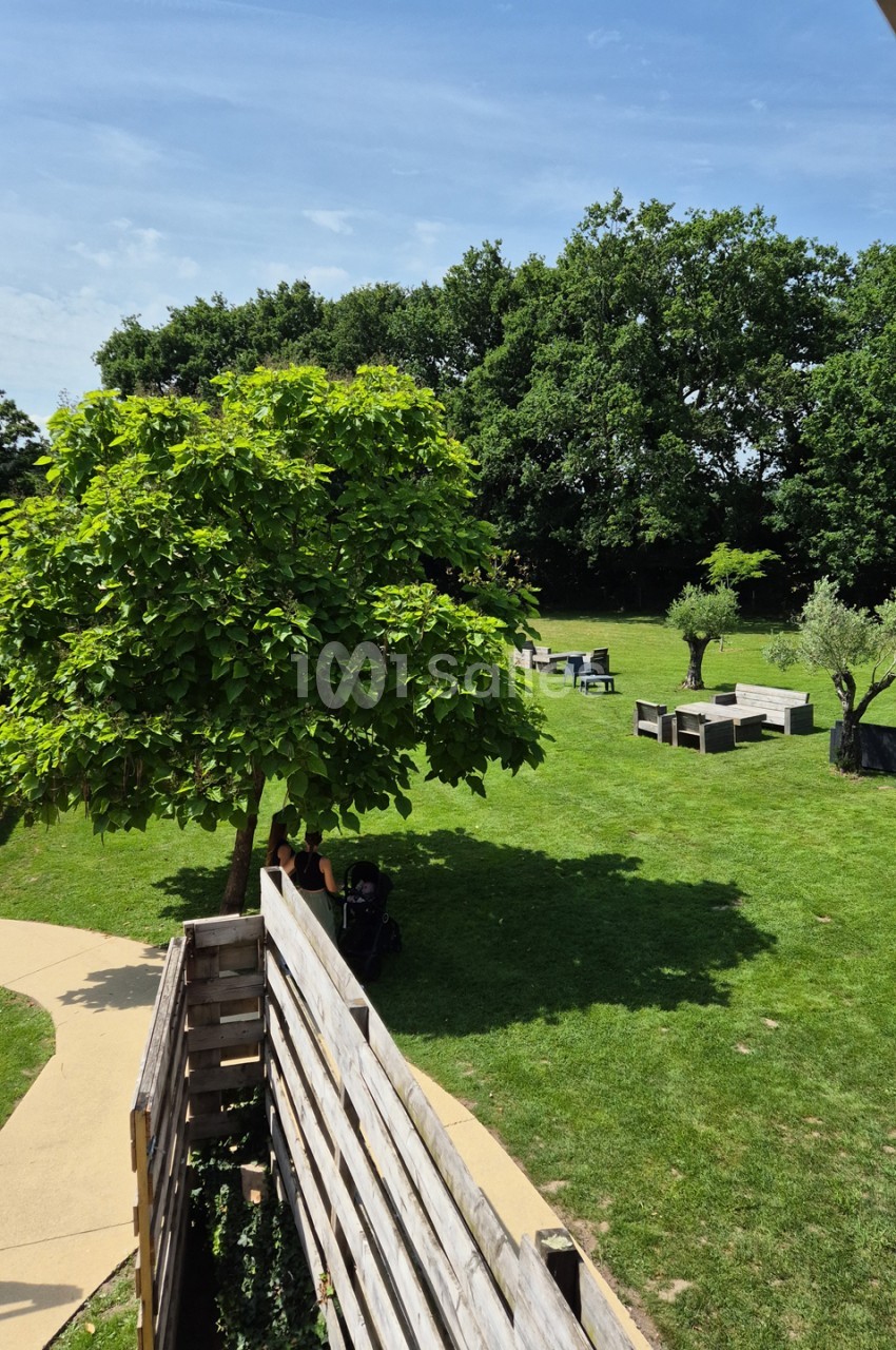Vue en plongée d'une pelouse arborée avec des salons de jardin en bois, un chemin bétonné courbe et une clôture en bois au premier plan. Let me check length: roughly 125 characters? Count: "Vue en plongée d'une pelouse arborée avec des salons de jardin