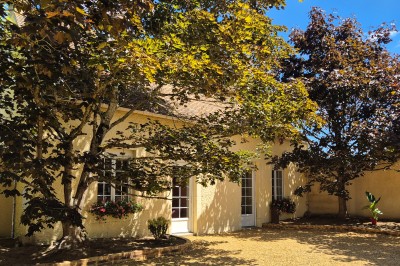 Miniature Location salle Souligné-sous-Ballon (Sarthe) - Le Grand Chêne #13 Deux tonneaux en bois avec parasols sur un sol gravillonné, près d'arbres sous un ciel bleu.