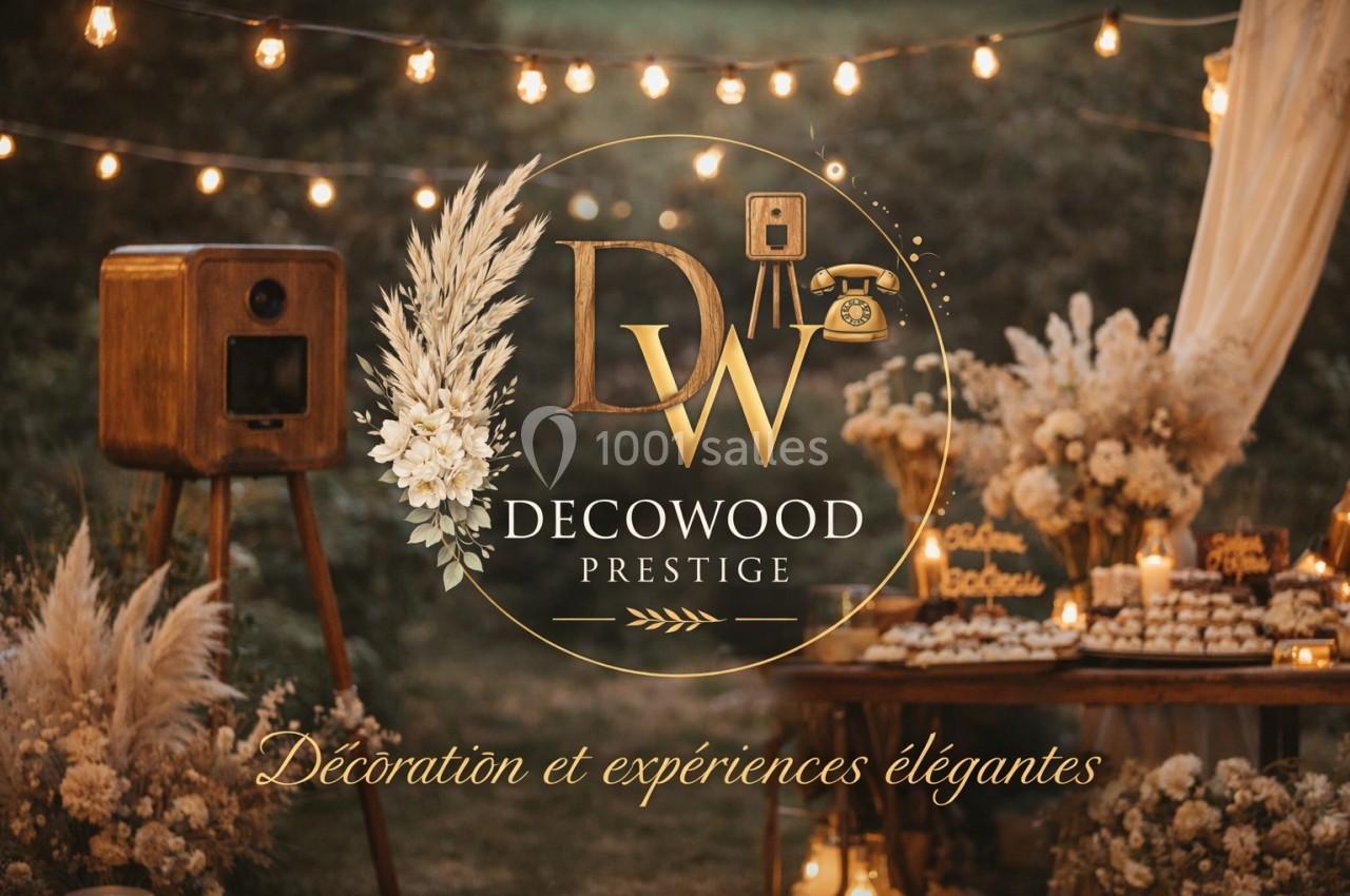 Décoration de mariage en extérieur avec guirlandes lumineuses, fleurs blanches et éléments vintage en bois.