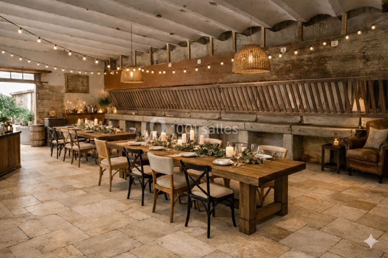 Salle rustique avec tables en bois décorées de bougies et feuillage, éclairée par des guirlandes lumineuses suspendues.