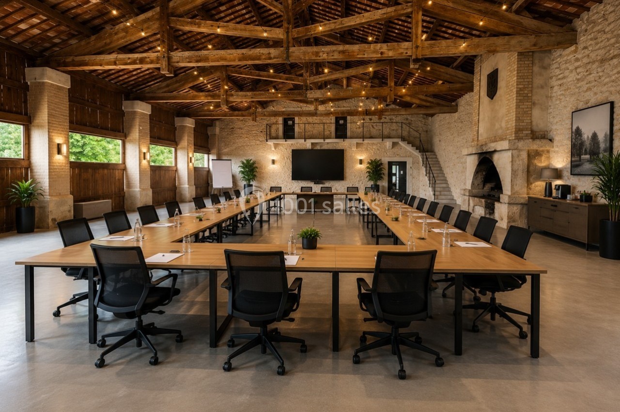 Salle de réunion spacieuse avec de longues tables en bois, des chaises noires et un écran mural, dans un décor rustique.
