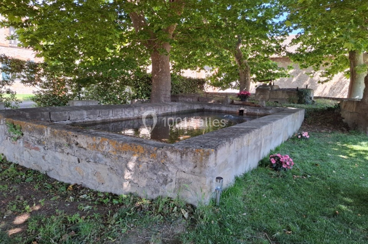 Bassin en pierre entouré d'arbres et de pelouse, avec des fleurs roses disposées sur le côté.