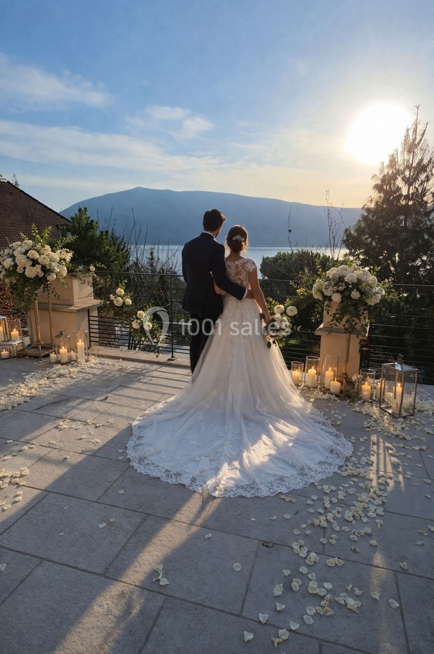 Un couple en tenue de mariage regarde un coucher de soleil sur une terrasse décorée de fleurs et de bougies.