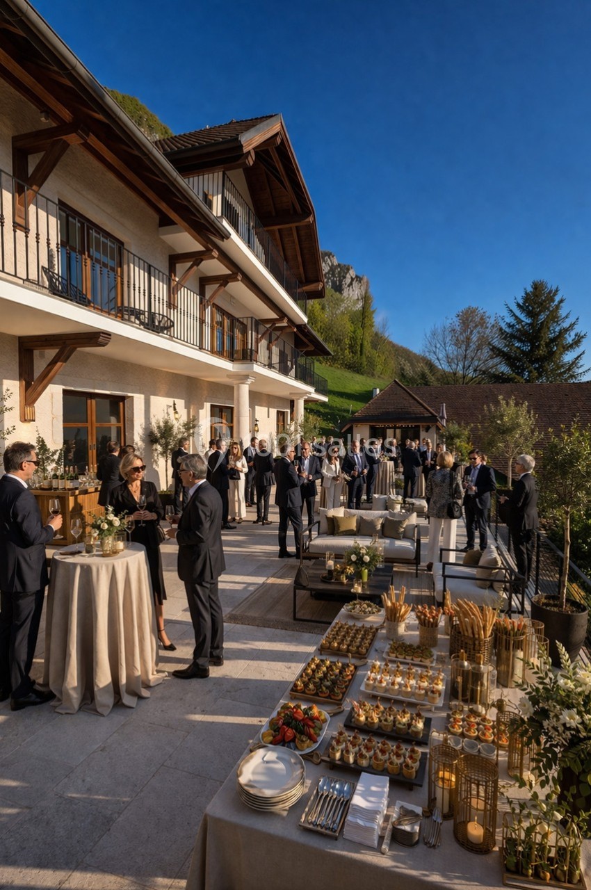 Groupe de personnes discutant sur une terrasse ensoleillée avec tables dressées et vue sur un bâtiment en arrière-plan.