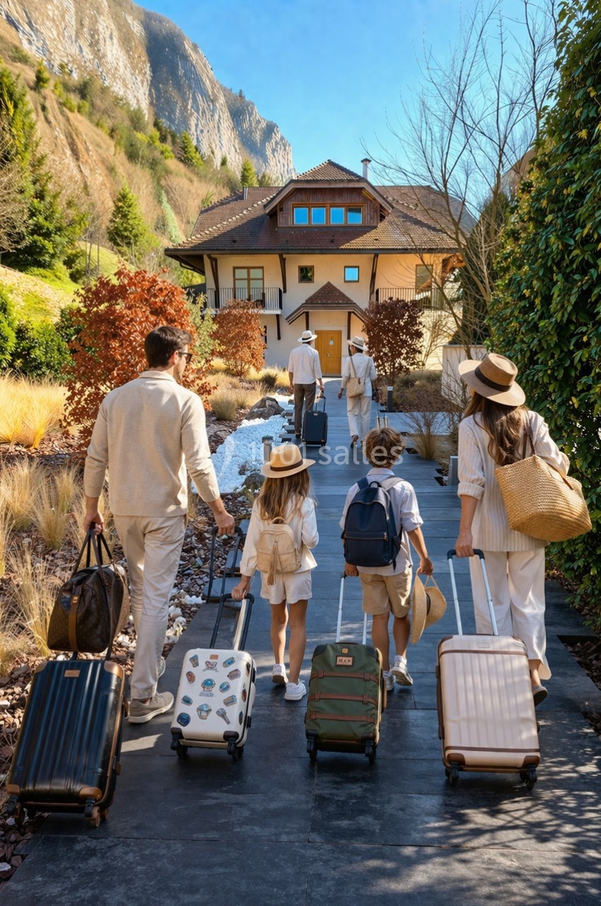 Une famille marche sur un chemin avec des valises, se dirigeant vers une maison entourée de montagnes et de verdure.
