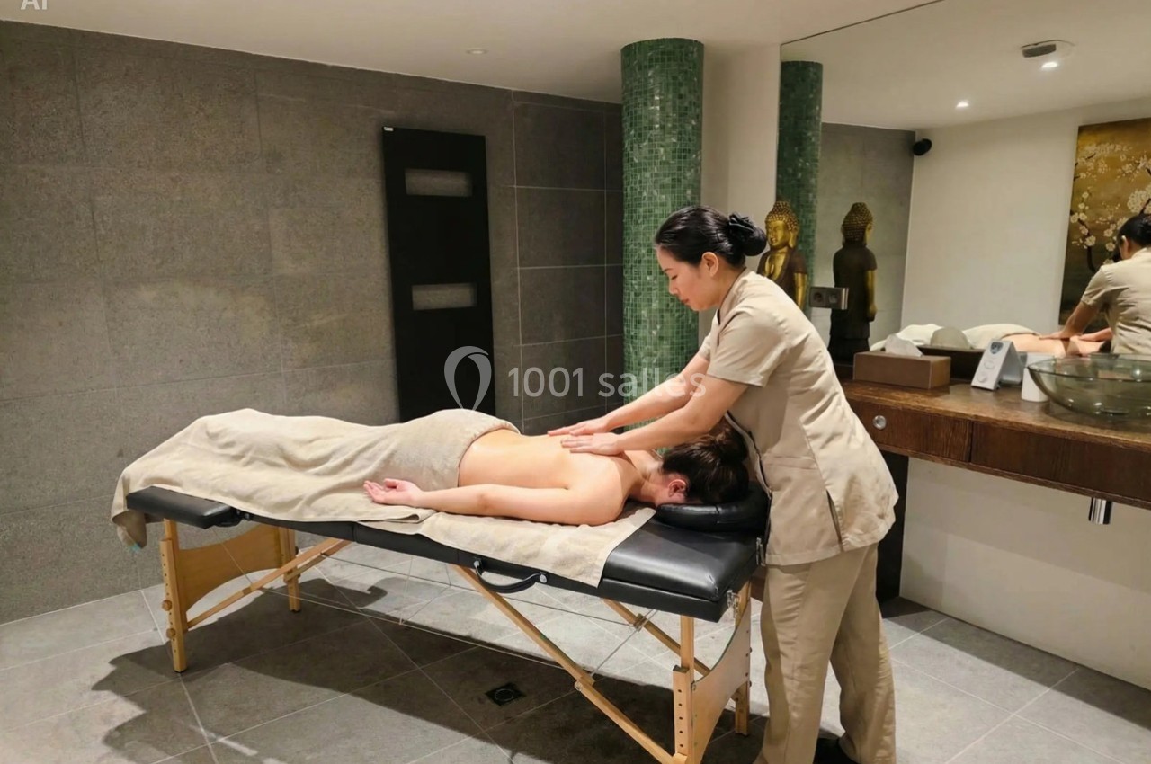 Une praticienne masse le dos d'une personne allongée sur une table dans une salle de soins apaisante.