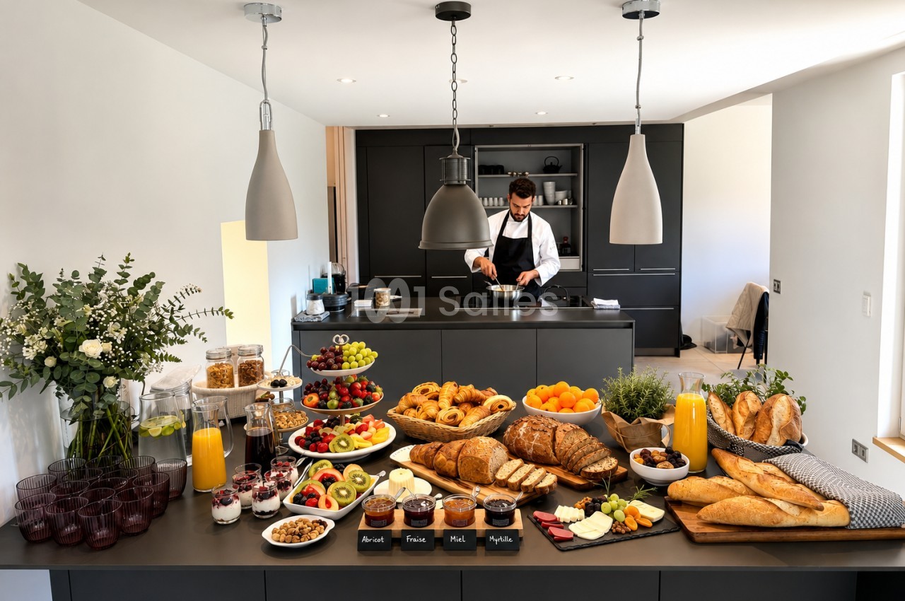 Îlot de cuisine noir avec petit-déjeuner buffet - fruits, viennoiseries, pains, jus - et chef en arrière-plan.