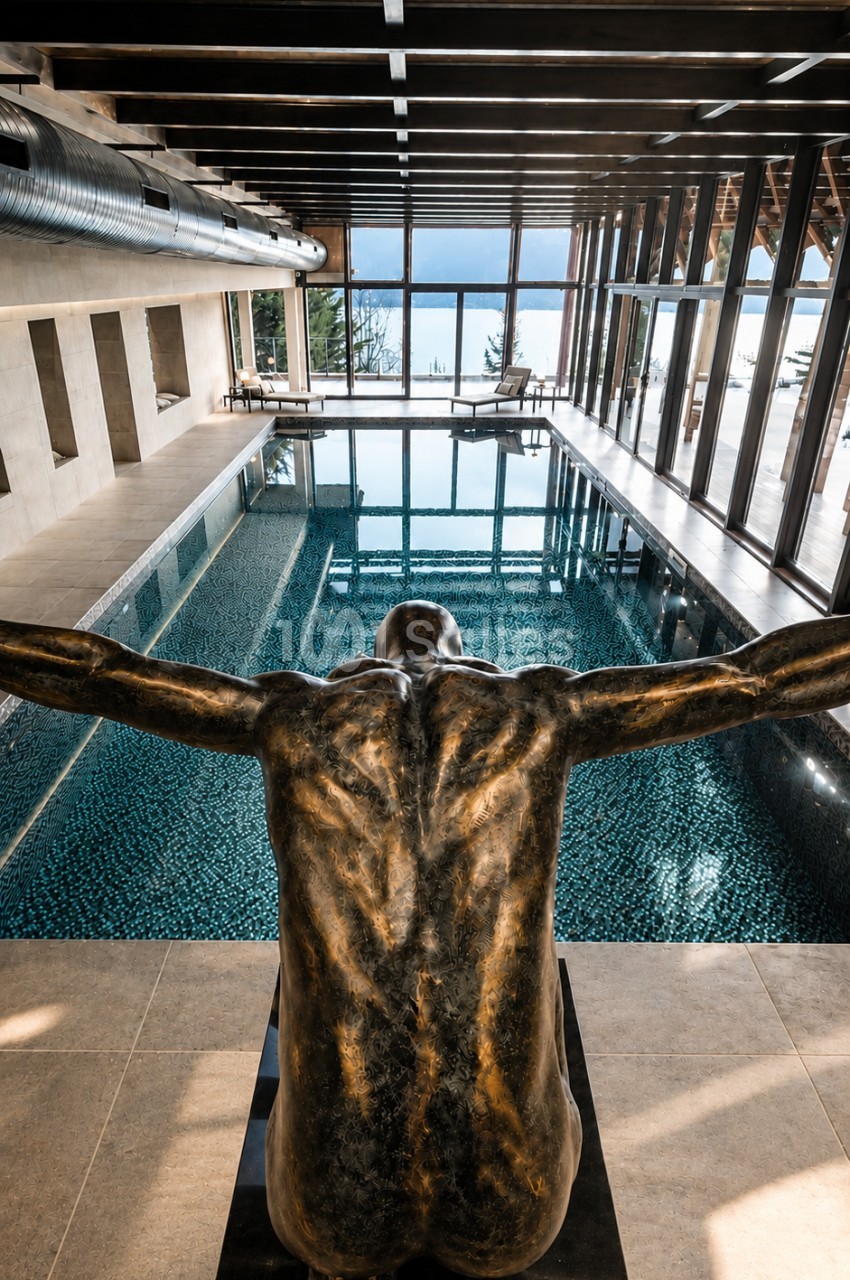Piscine intérieure chauffée avec bassins en carrelage turquoise, baies vitrées panoramiques et sculpture en bronze au premier plan.