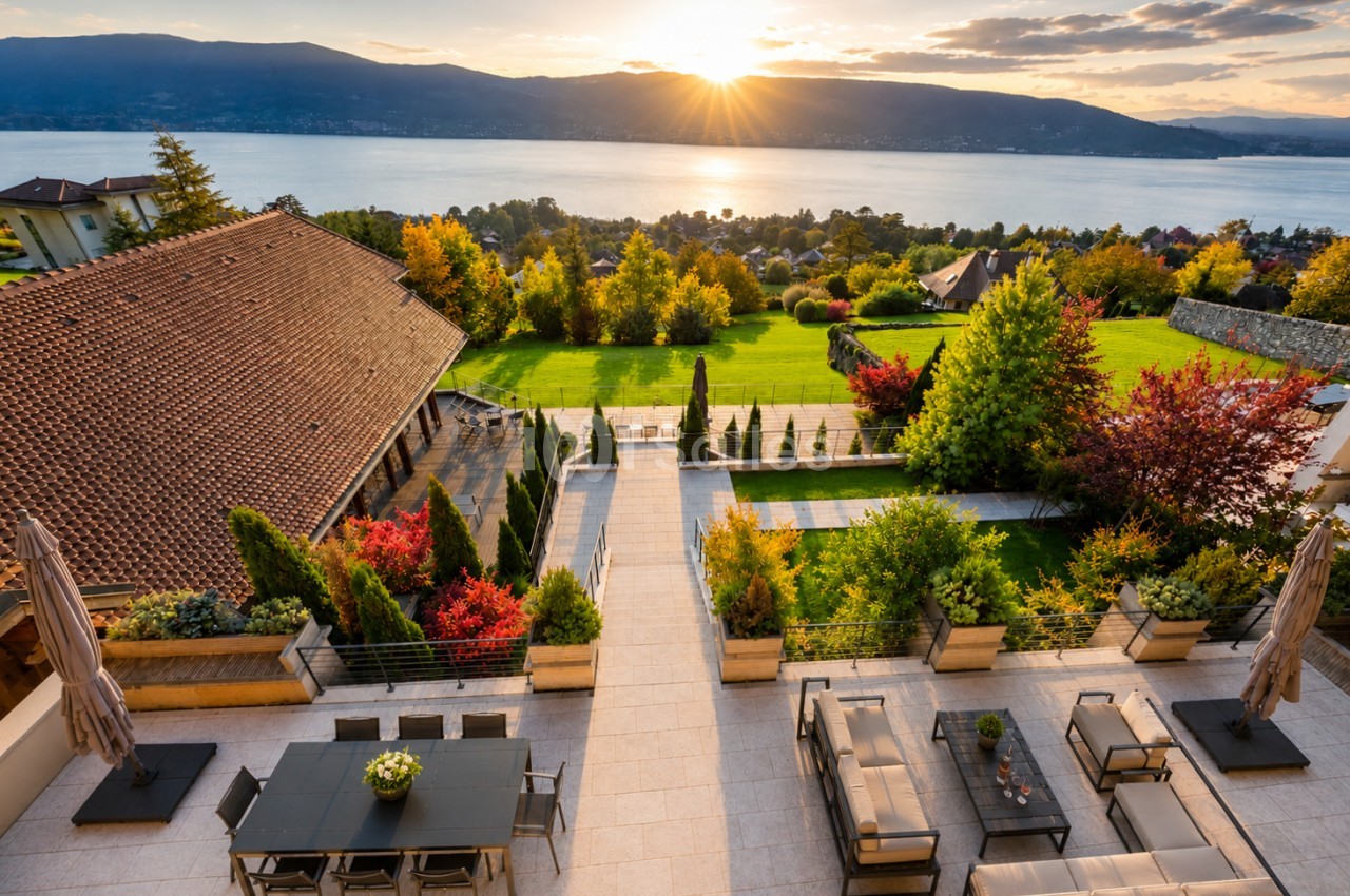 Terrasse avec tables et transats dominant le lac d'Annecy au coucher de soleil.