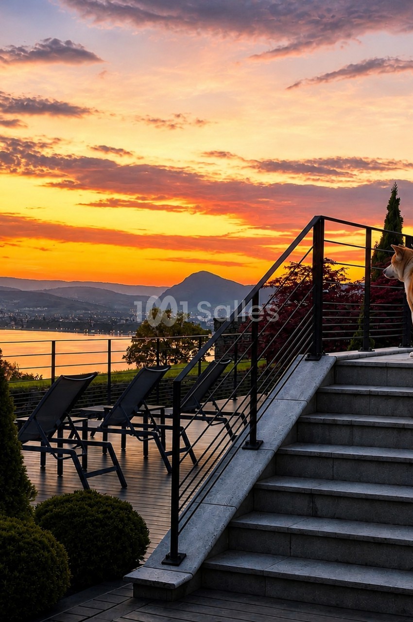 Terrasse avec transats face au lac Annecy et montagne au coucher de soleil.
