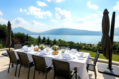 Table extérieure dressée avec des verres à vin, des fleurs, des bougies et des plateaux de nourriture.
