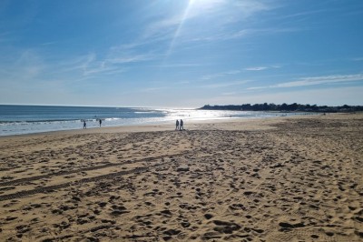 Salle lumineuse avec murs en pierre, grande table en bois, chaises noires et décorations murales, éclairée par des fenêtres.