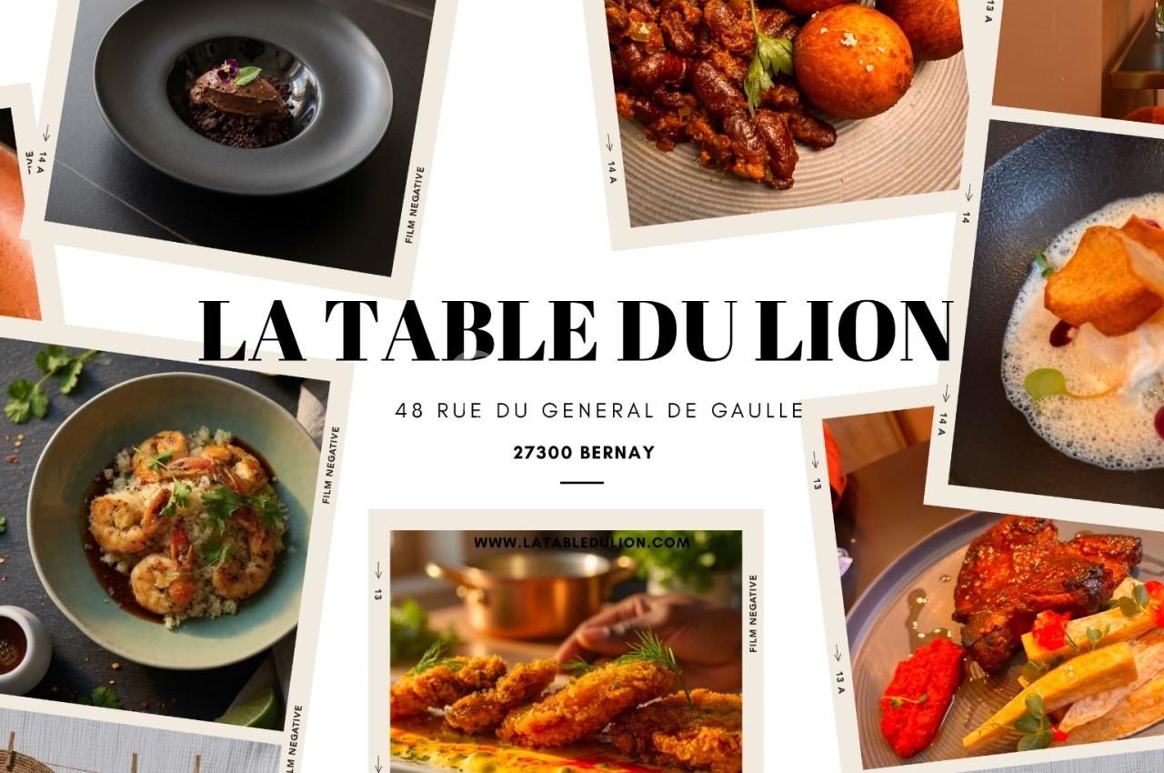 Montage de photos de plats gastronomiques variés présentés par le restaurant La Table du Lion à Bernay.