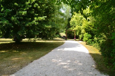 Arche en bois vert ornée de plantes, donnant sur un espace intérieur avec des chaises alignées.