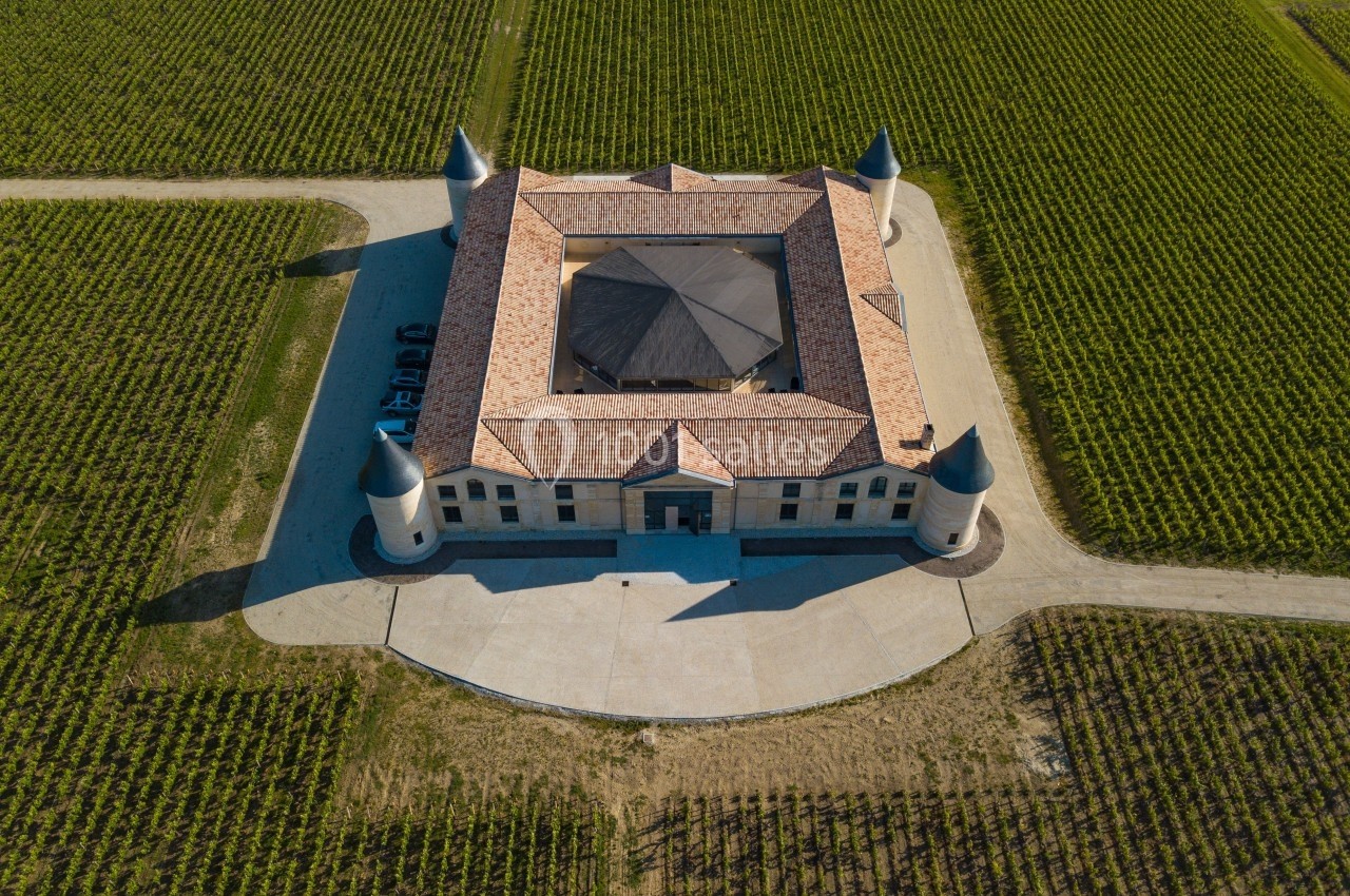 Vue aérienne d'un château carré entouré de vignobles, avec quatre tours aux angles et une cour centrale.