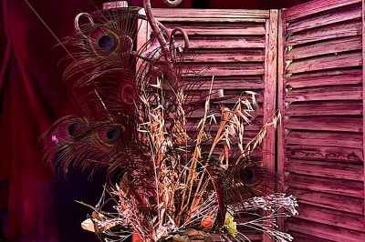 Buste masculin noir sans tête, orné de motifs colorés, exposé devant un rideau rouge et un piano en arrière-plan.