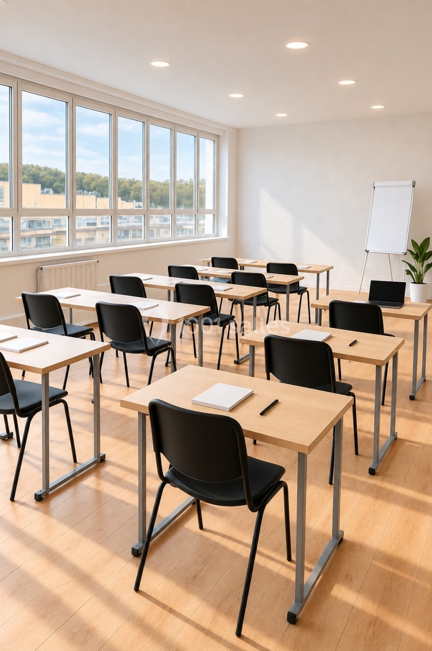 Salle de classe lumineuse avec des bureaux en bois, des chaises noires, un tableau blanc et une plante en pot.