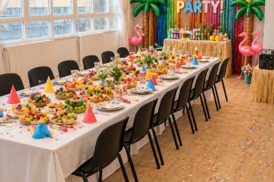 Miniature Location salle Garges-lès-Gonesse (Val-d'Oise) - Le Loft #2 Salle décorée pour une baby shower avec tables dressées, ballons roses et dorés, et peluches en décoration.