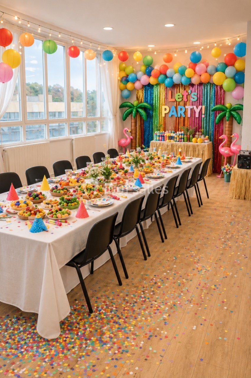 Salle décorée pour une fête avec une longue table dressée, ballons colorés et guirlandes en arrière-plan.