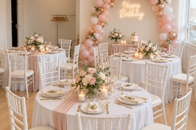 Miniature Location salle Garges-lès-Gonesse (Val-d'Oise) - Le Loft #4 Salle décorée pour une baby shower avec tables dressées, ballons roses et dorés, et peluches en décoration.