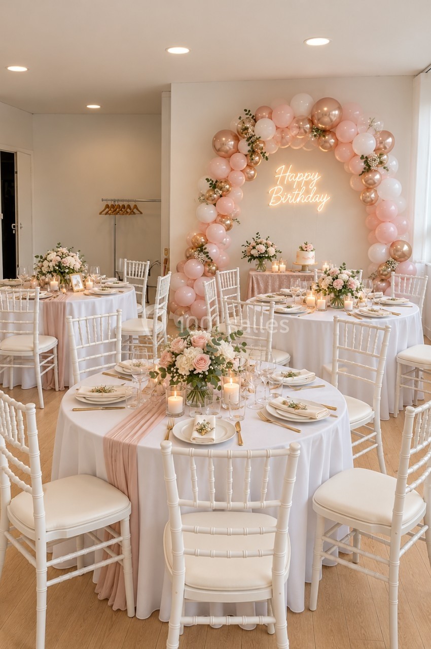 Salle décorée pour un anniversaire avec tables élégantes, fleurs, bougies et arche de ballons roses et dorés.