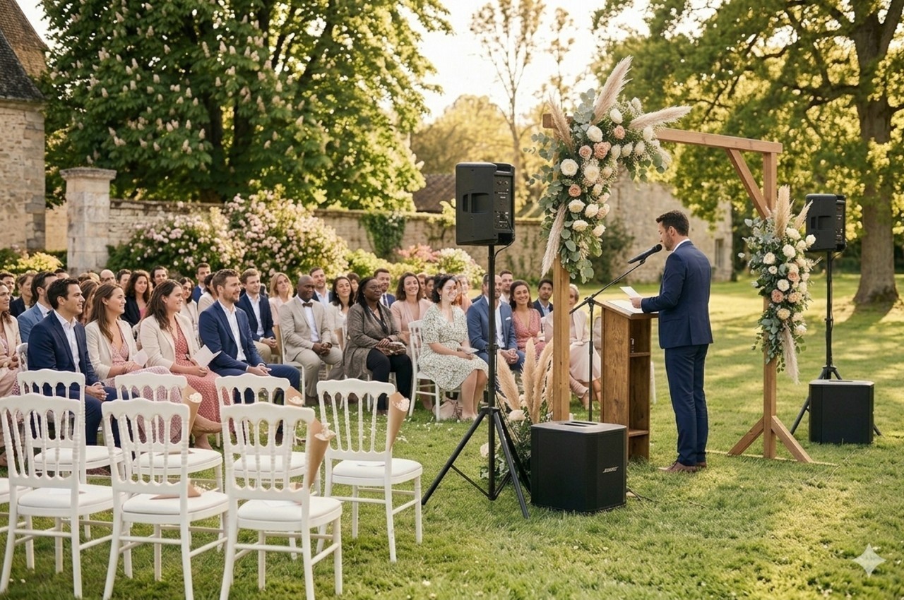 Un homme en costume prononce un discours devant un public assis dans un jardin décoré pour une cérémonie.