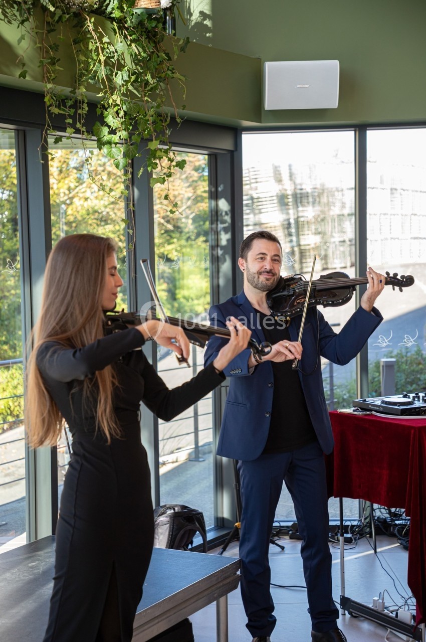Deux musiciens jouent du violon dans une salle lumineuse avec de grandes fenêtres et des plantes suspendues.