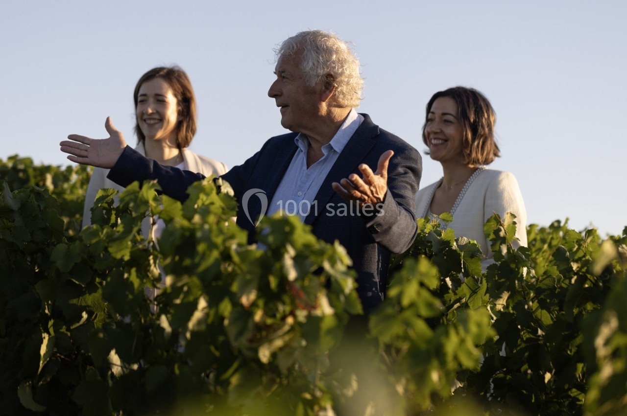 Trois personnes discutent joyeusement dans un vignoble sous une lumière douce en fin de journée.