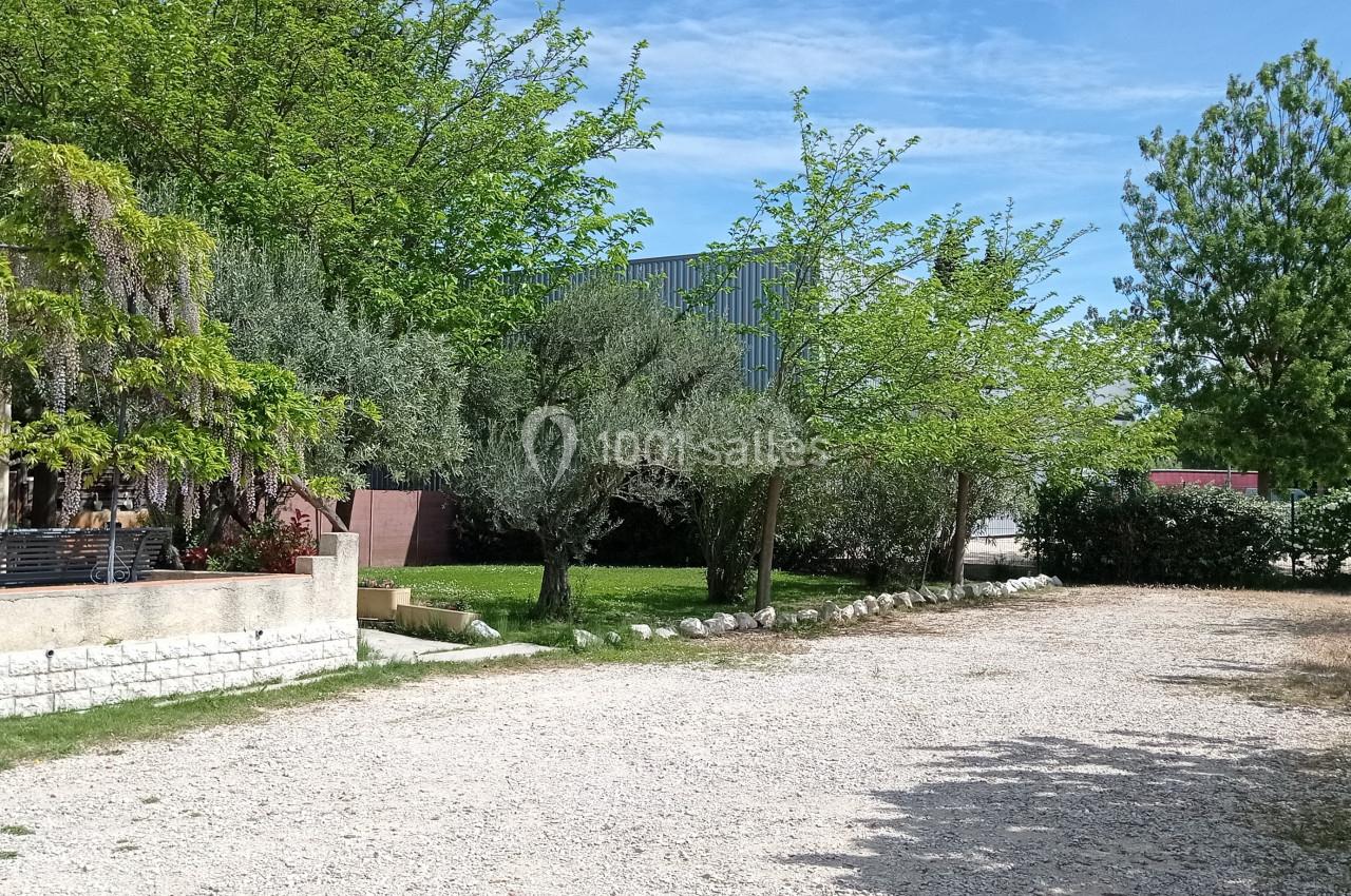 Allée en gravier bordée d'arbres et d'arbustes, avec un bâtiment en arrière-plan sous un ciel dégagé.