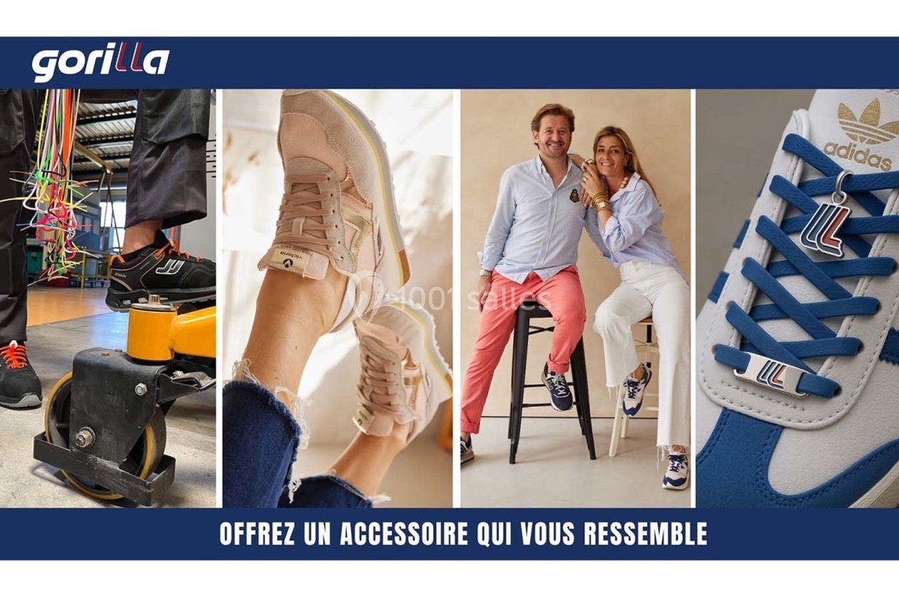 Quatre images montrant des chaussures de styles variés portées dans différents contextes, avec un slogan en bas.