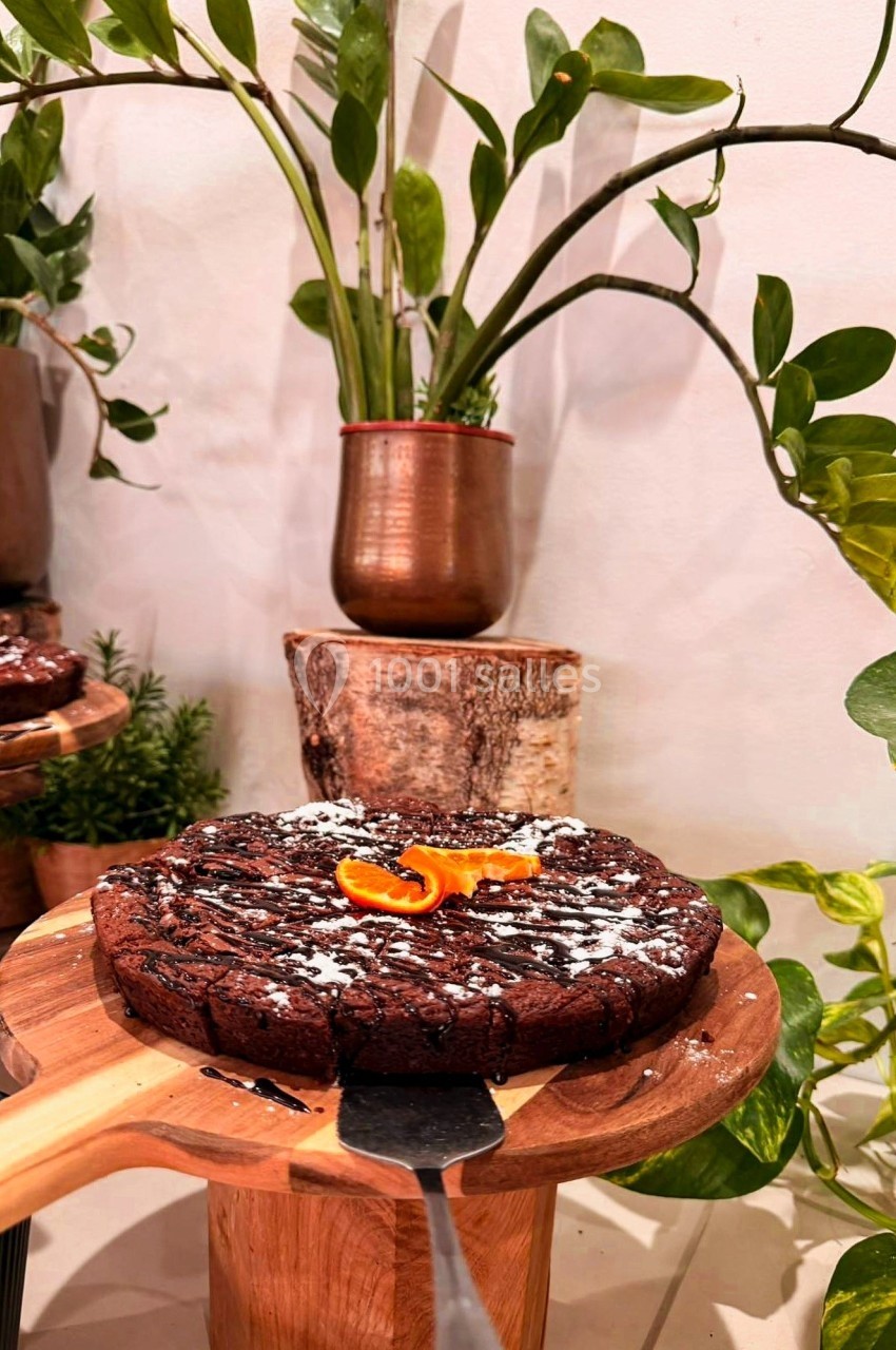Gâteau au chocolat décoré de tranches d'orange et de sucre glace, présenté sur une planche en bois, entouré de plantes.