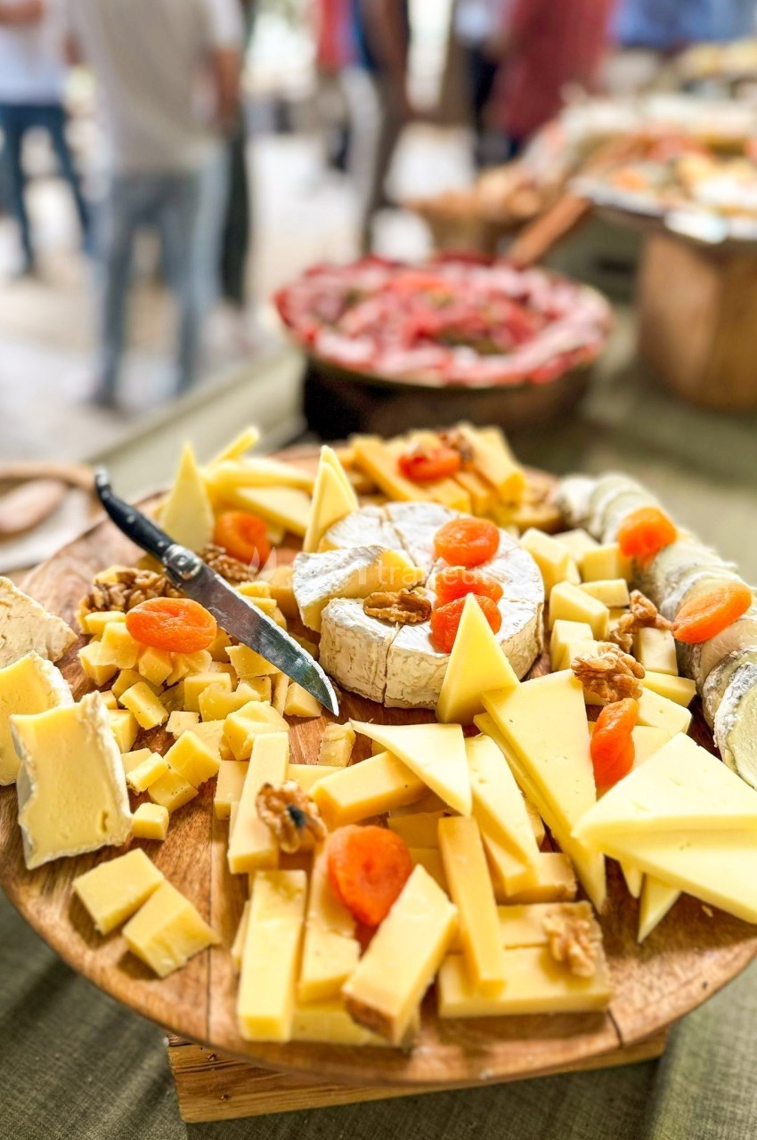 Plateau de fromages variés avec noix, abricots secs et couteau, présenté sur une table lors d'un buffet.